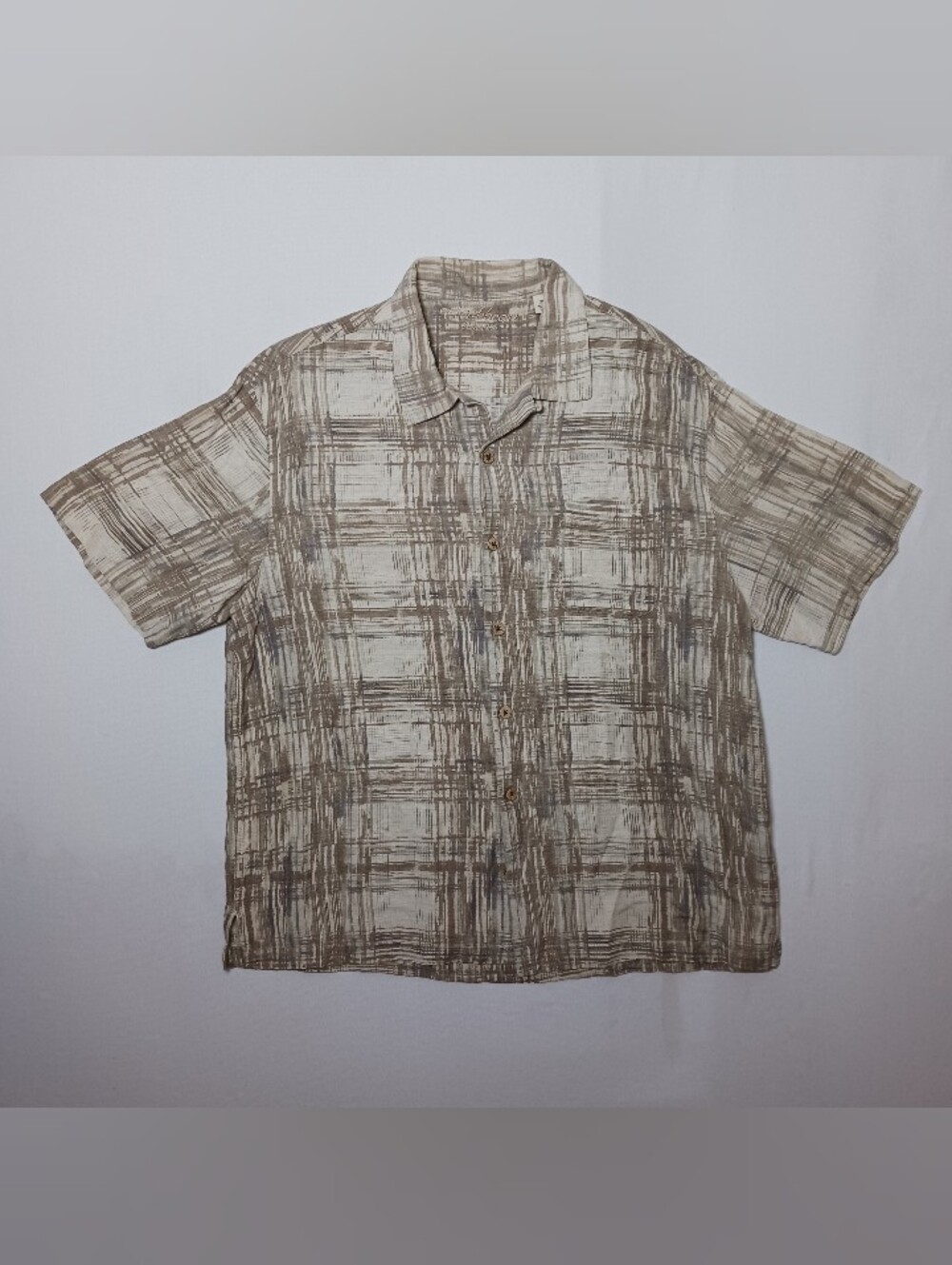 Caribbean Mens Pure Silk Short Sleeve Camp Shirt XL Beige Plaid